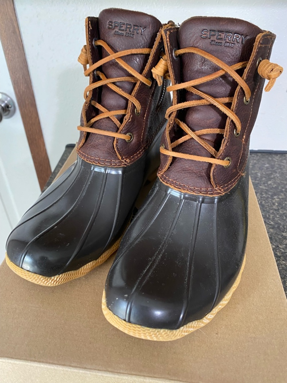 Sperry Two-Tone Waterproof Duck Boots in Dark Brown and Tan Laces